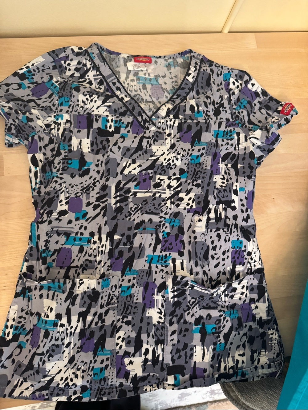 Dickies Women's Printed V-Neck Scrub Top in Teal, Purple & Gray